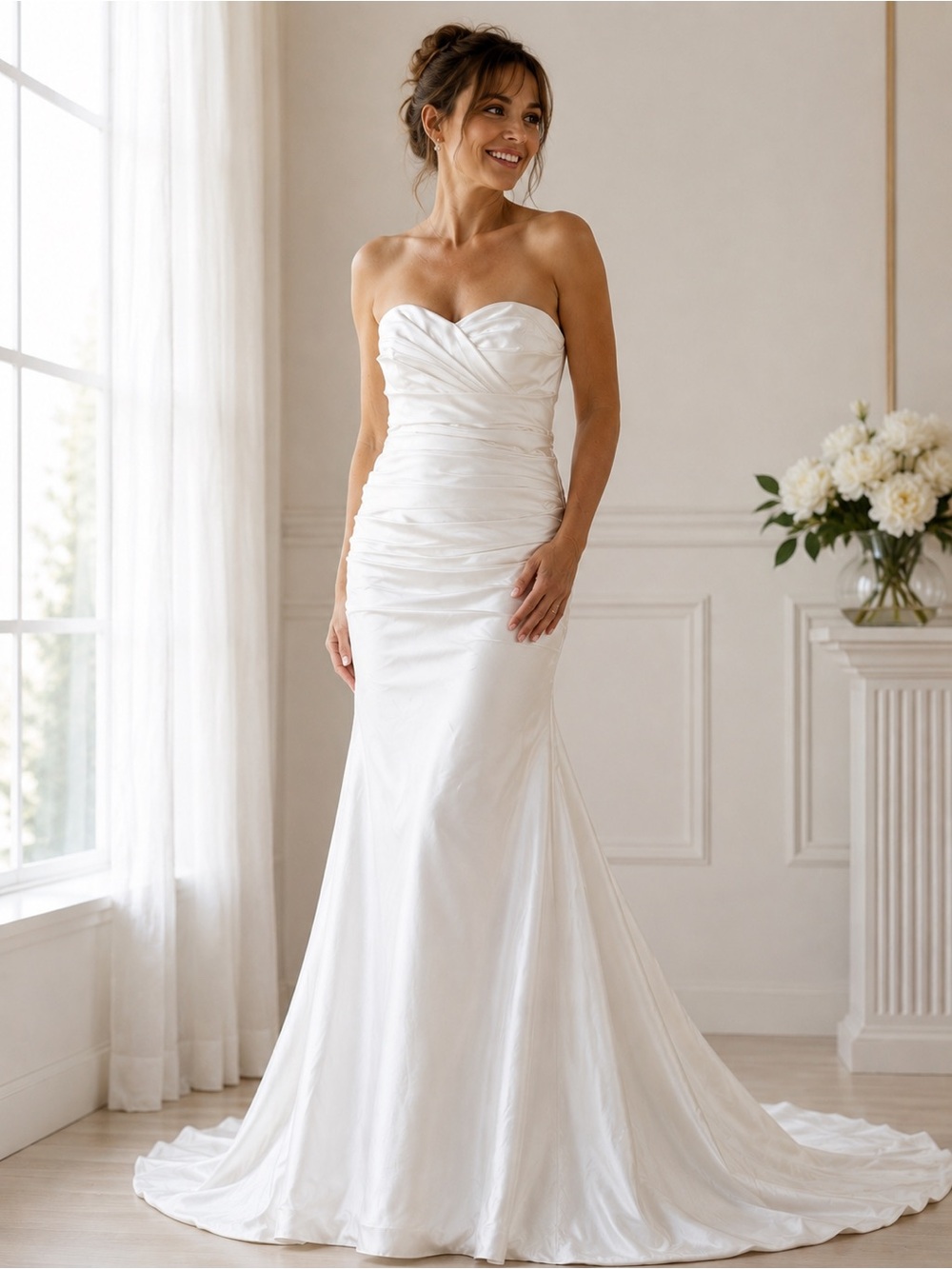 Ella Rosa Vintage White Ruched Strapless Wedding Gown Bridal Dress
